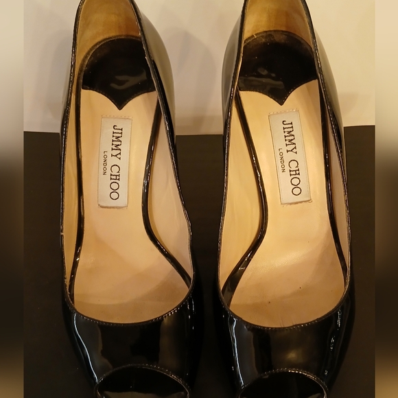 Jimmy Choo Black Patent Leather Peep Toe Platform Pumps - Picture 3 of 6